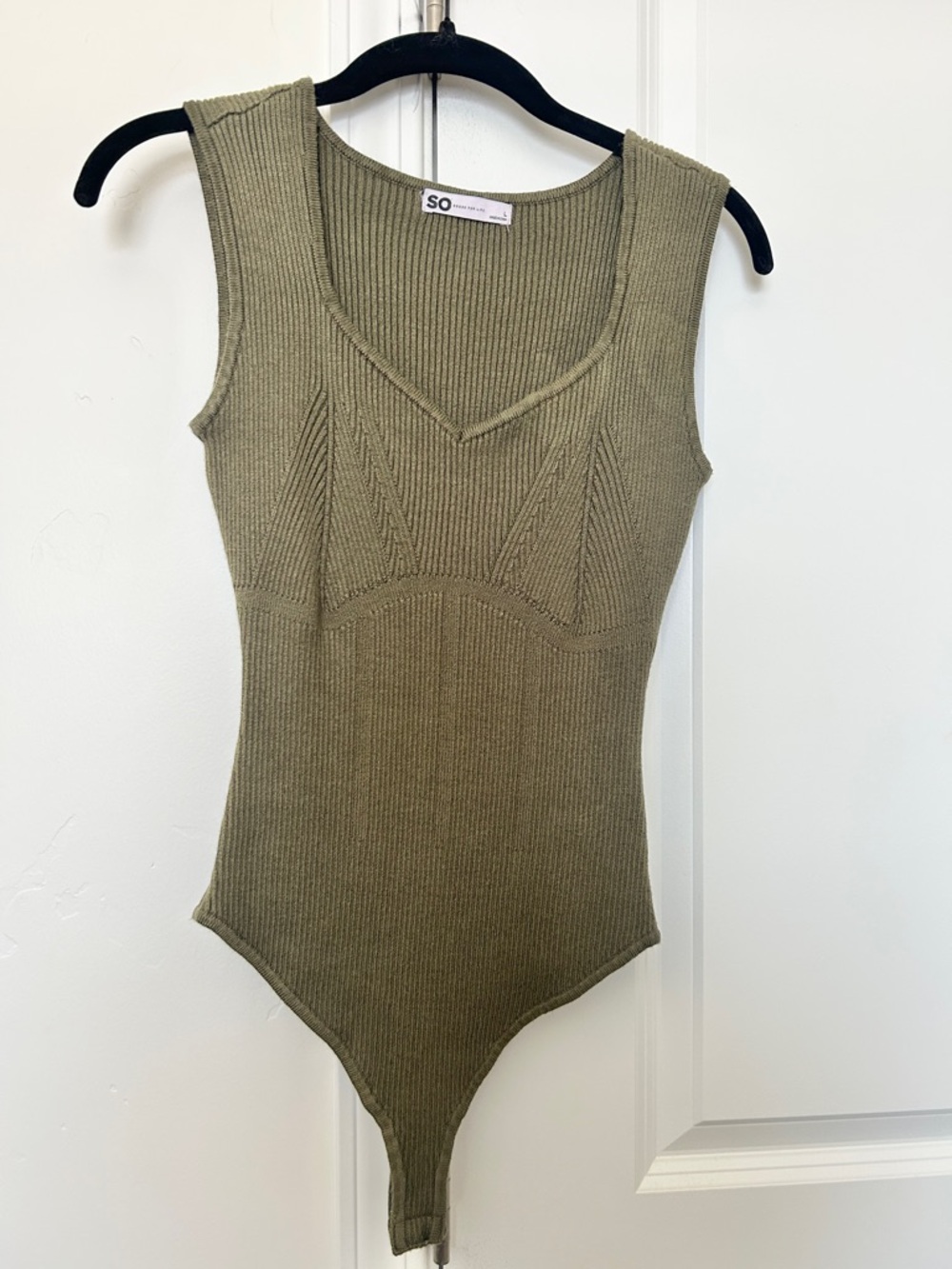 SO Olive Ribbed V-Neck Sculpted Knit Bodysuit